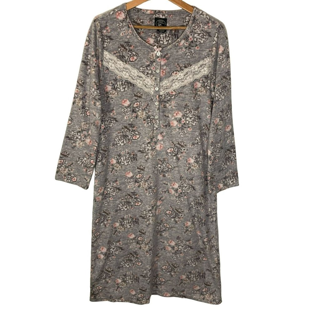 Laura Ashley Flannel Lace Floral Nightgown Soft Gray L Cottagecore Prairie